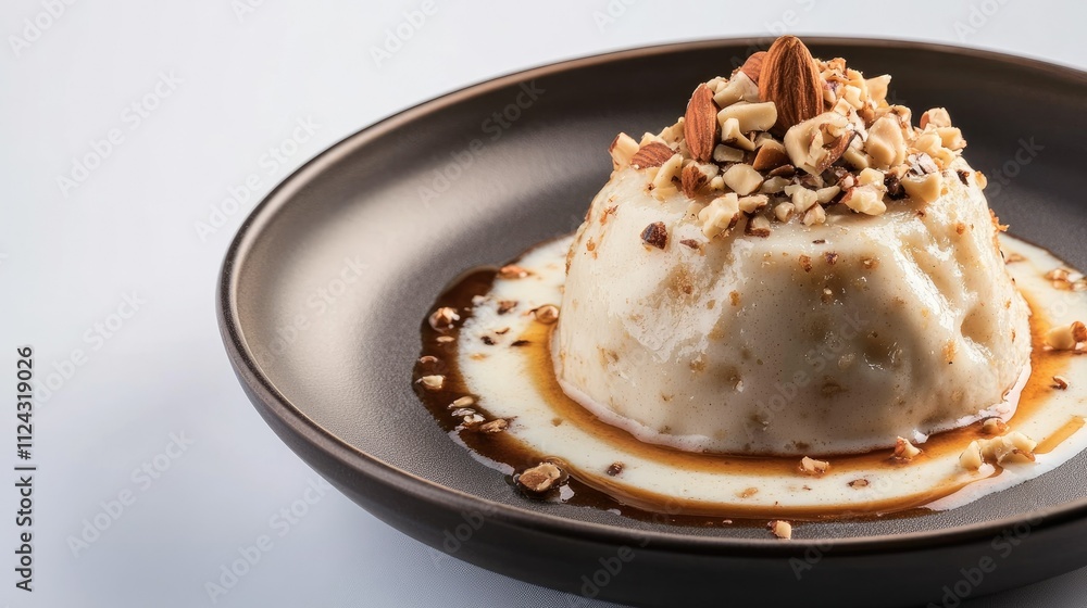 Delicious and Creamy Dessert Served on Modern Plate with Chopped Nuts and Caramel Sauce Accents, Perfect for Sweet Treat Lovers and Food Photography Delicious and Creamy Dessert Served on Modern Plate with Chopped Nuts and Caramel Sauce Accents, Perfect for Sweet Treat Lovers and Food Photography
