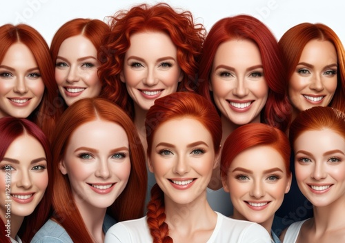 Diverse group of women with vibrant red hair smiling confidently together