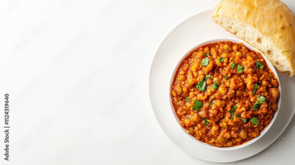 Delicious bowl of lentil curry served with a soft bread roll on a white plate, garnished with fresh cilantro leaves on a plain background for food photography. Delicious bowl of lentil curry served with a soft bread roll on a white plate, garnished with fresh cilantro leaves on a plain background for food photography.