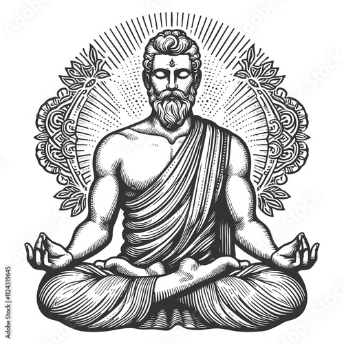 enlightened sage sitting in a lotus position, radiating calmness and wisdom with ornate background details sketch engraving generative ai raster illustration. Scratch board. Black and white image.