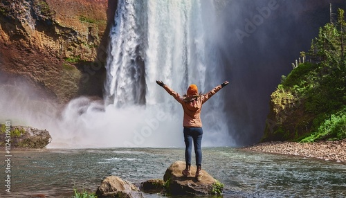 Overwhelming Awe
A woman standing at the edge of a massive waterfall, arms spread wide, gazing up in awe at the cascading water. The mist surrounds her as her hair flows in the wind, symbolizing wonde photo