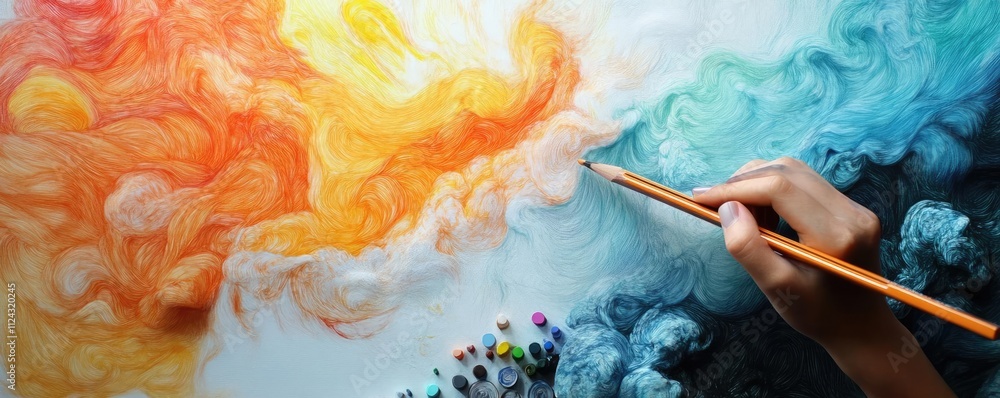 A student using colored pencils to make a poster, adding visual impact A student using colored pencils to make a poster, adding visual impact