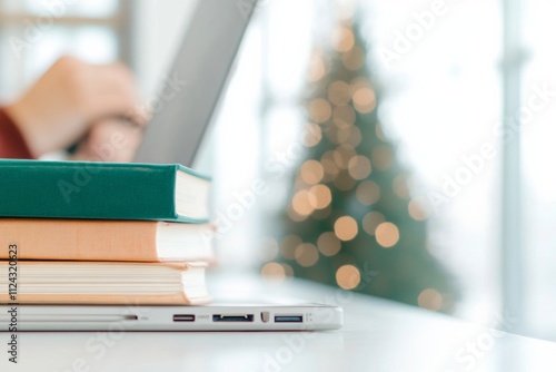 Modern Learning Students Using Laptops in a Festive Library Setting photo