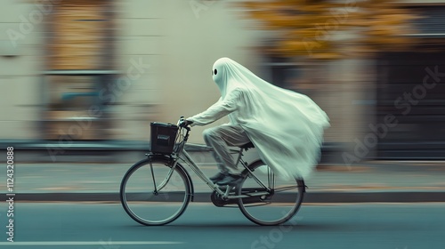 A cute white ghost riding a bicycle at full speed down a street, Photography design,


 photo