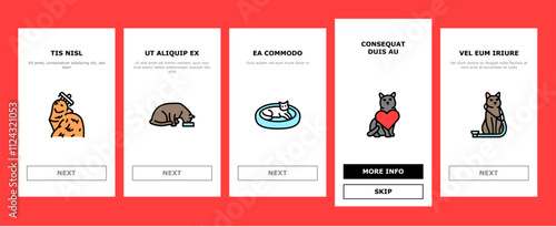 cat breeding genetics cattery onboarding mobile vector pedigree lineage, purebred hybrid, mating selection, traits coat, temperament health cat breeding genetics cattery illustrations