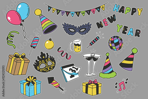 Happy New Year Celebration Vector Sticker Bundles 