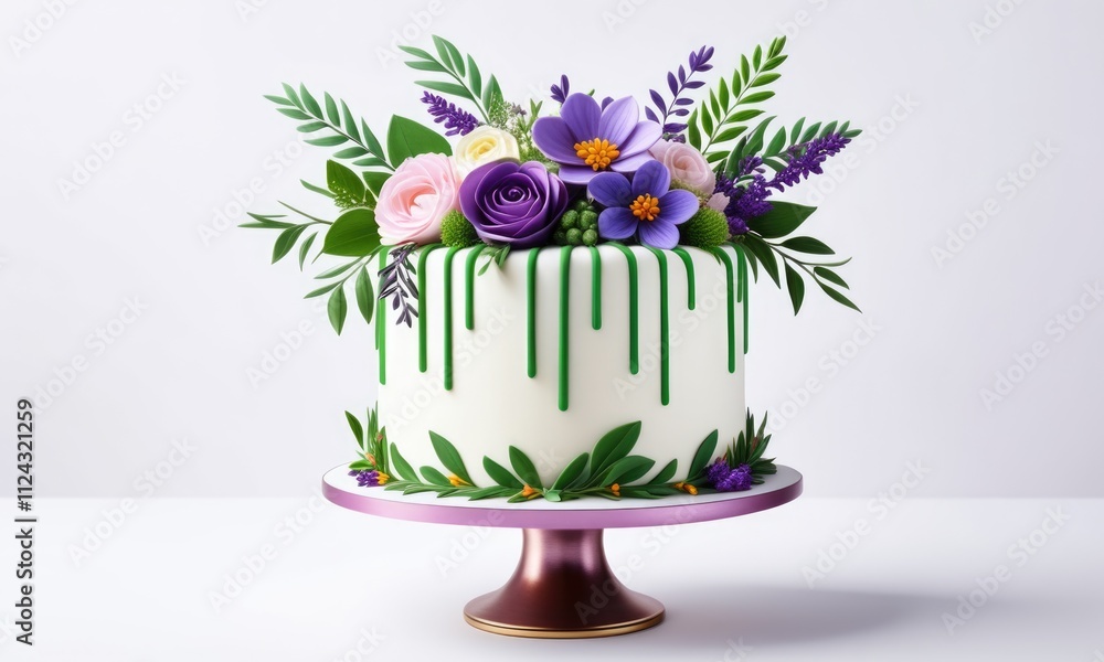 Elegant floral cake with green drip decor and vibrant purple flowers Elegant floral cake with green drip decor and vibrant purple flowers