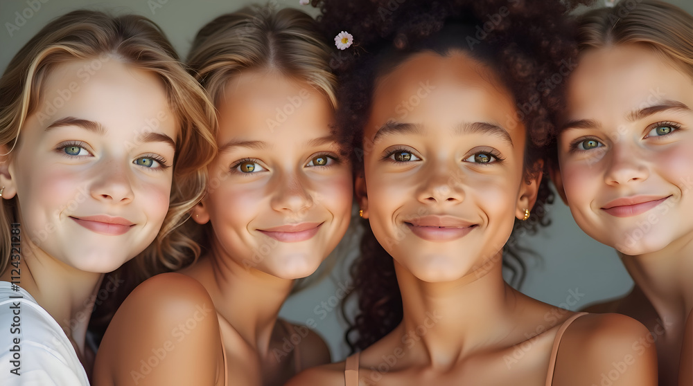 Fototapeta premium Joyful Portrait of Four Diverse Girls Radiating Friendship and Positivity in a Soft Light Setting