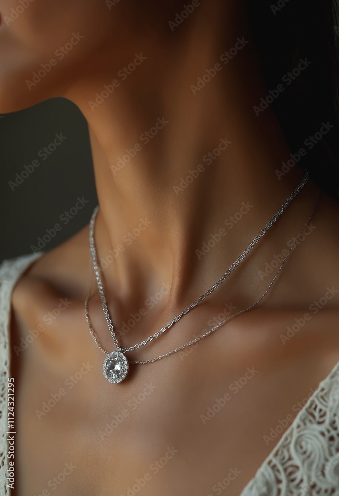Closeup of woman neck wearing silver necklace with chain, luxury jewelry accessory for women Closeup of woman neck wearing silver necklace with chain, luxury jewelry accessory for women