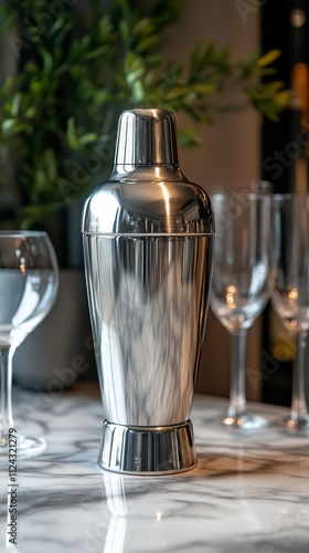 Close-up of a shiny cocktail shaker. photo