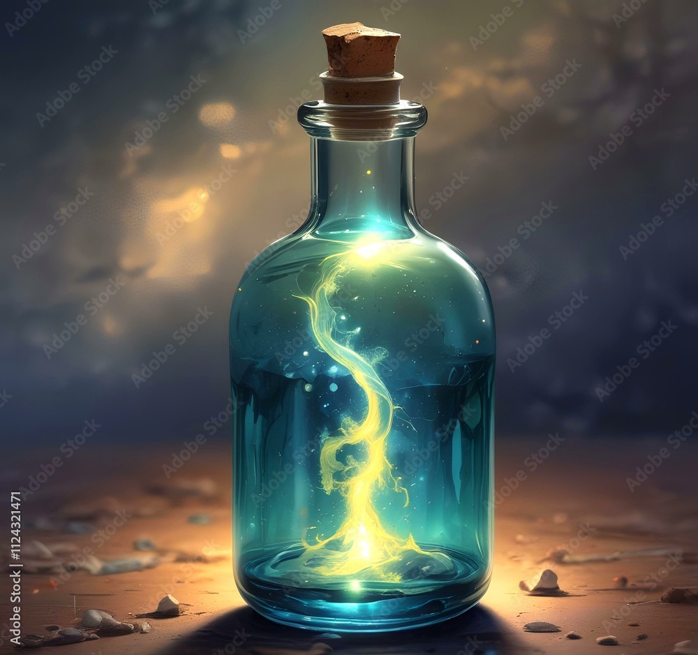 Illustration of bottle with magic spark inside. Illustration of bottle with magic spark inside.