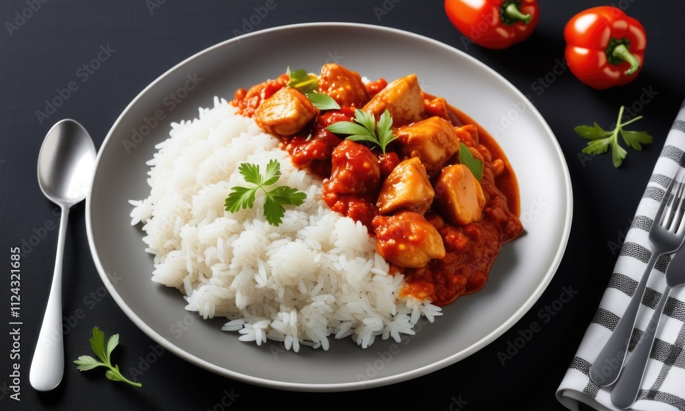 Delicious chicken curry with white rice and fresh parsley garnish on elegant plate Delicious chicken curry with white rice and fresh parsley garnish on elegant plate