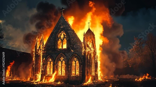 an ancient European style church burning in flame 
