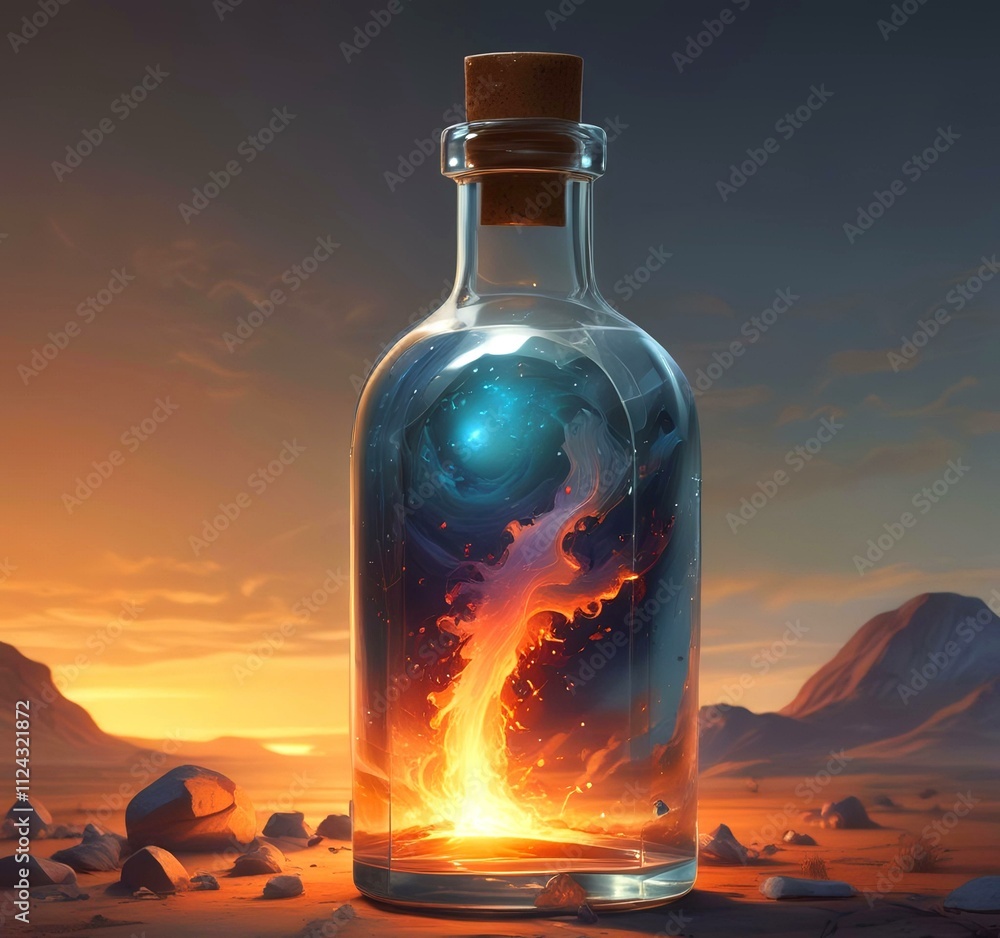 Illustration of bottle with magic spark inside. Illustration of bottle with magic spark inside.