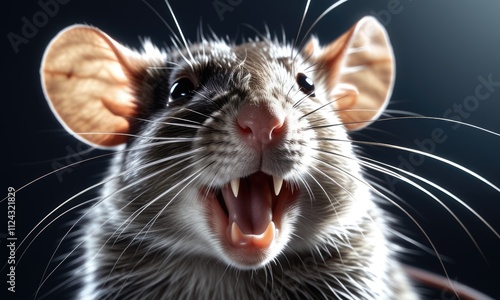 Closeup portrait of a mouse with whiskers and open mouth on dark background photo