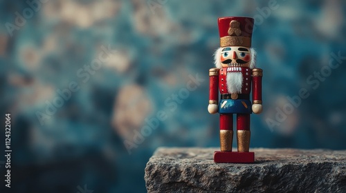 photorealistic minimalistic wooden nutcracker figurine on a stone slab, soft shadows, festive nostalgia photo