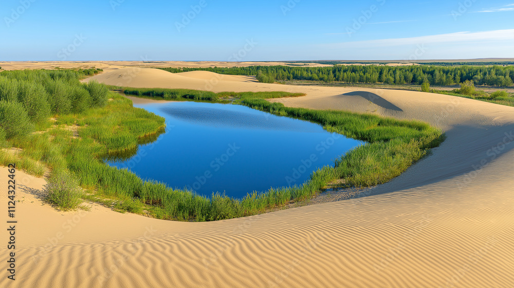 Oasis pond surrounded by dunes and vegetation under blue sky Oasis pond surrounded by dunes and vegetation under blue sky