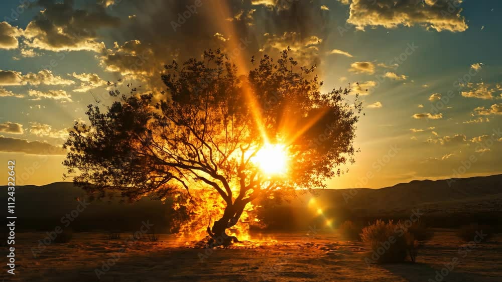 a sunlit tree look like it's burning in flame, a sunlit tree look like it's burning in flame,