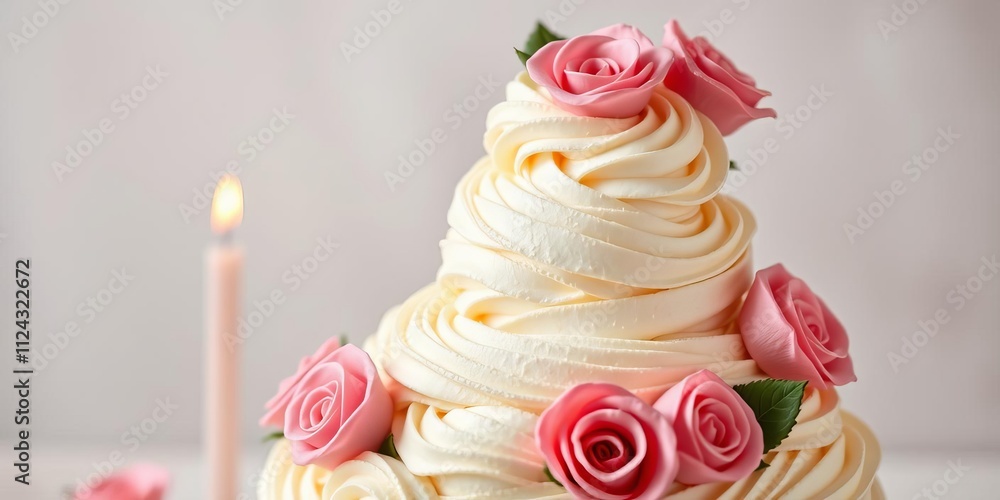 Three tier cake with buttercream roses and lit candle for celebrations, special occasion, birthday Three tier cake with buttercream roses and lit candle for celebrations, special occasion, birthday