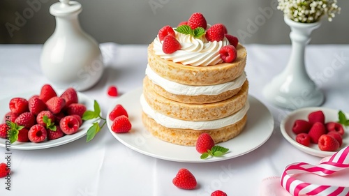 Three tier cake on a white plate topped with creamy frosting and fresh raspberries, dessert, dessert table photo