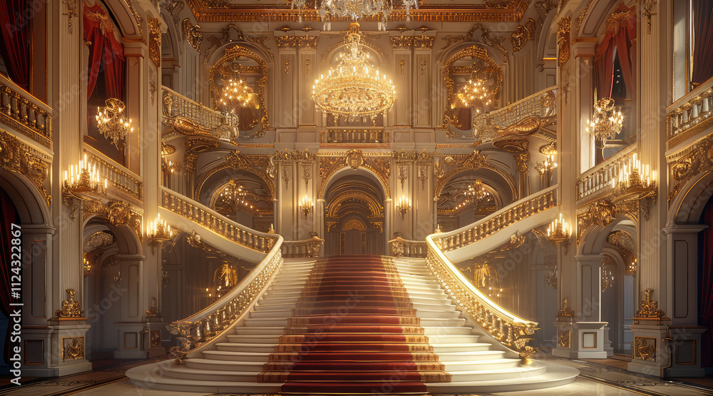 Obraz premium An opulent and luxurious palace hall adorned with golden chandeliers and ornate decorations. The space features a grand staircase, lavish furniture, and rich red velvet curtains, warm golden lighting.