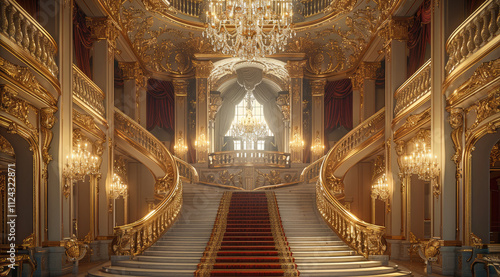 An opulent and luxurious palace hall adorned with golden chandeliers and ornate decorations. The space features a grand staircase, lavish furniture, and rich red velvet curtains, warm golden lighting.