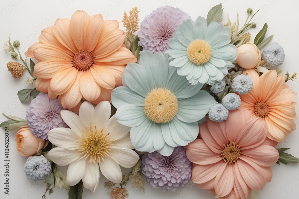 A Symmetrical of Pastel Flowers on a White Background A Symmetrical of Pastel Flowers on a White Background