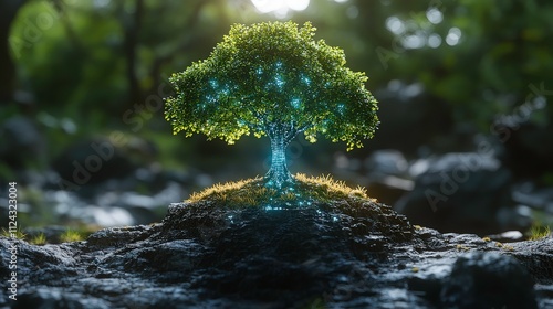 Illuminated Artificial Tree Surrounded by Lush Nature, Symbolizing Growth, Technology, and Hope in a Serene Environment with Sparkling Lights
