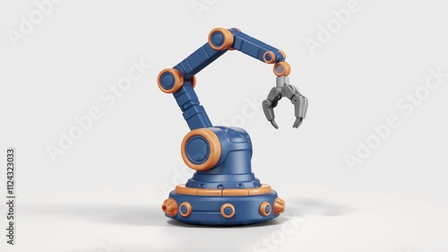 A robotic arm with a claw, blue and orange, isolated on white background.