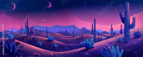 Desert landscape, cacti, sand dunes, and night sky, serene nature, neon style, vector illustration, flat style.