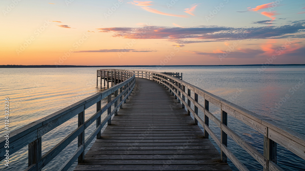Serene Scene of Wooden Pier Extending Over Calm Waters at Sunset, Weathered Planks with Curved Design Leading to Horizon, Sky Reflecting on Water in Gradient Hues, Tranquil and Peaceful Ambiance Serene Scene of Wooden Pier Extending Over Calm Waters at Sunset, Weathered Planks with Curved Design Leading to Horizon, Sky Reflecting on Water in Gradient Hues, Tranquil and Peaceful Ambiance