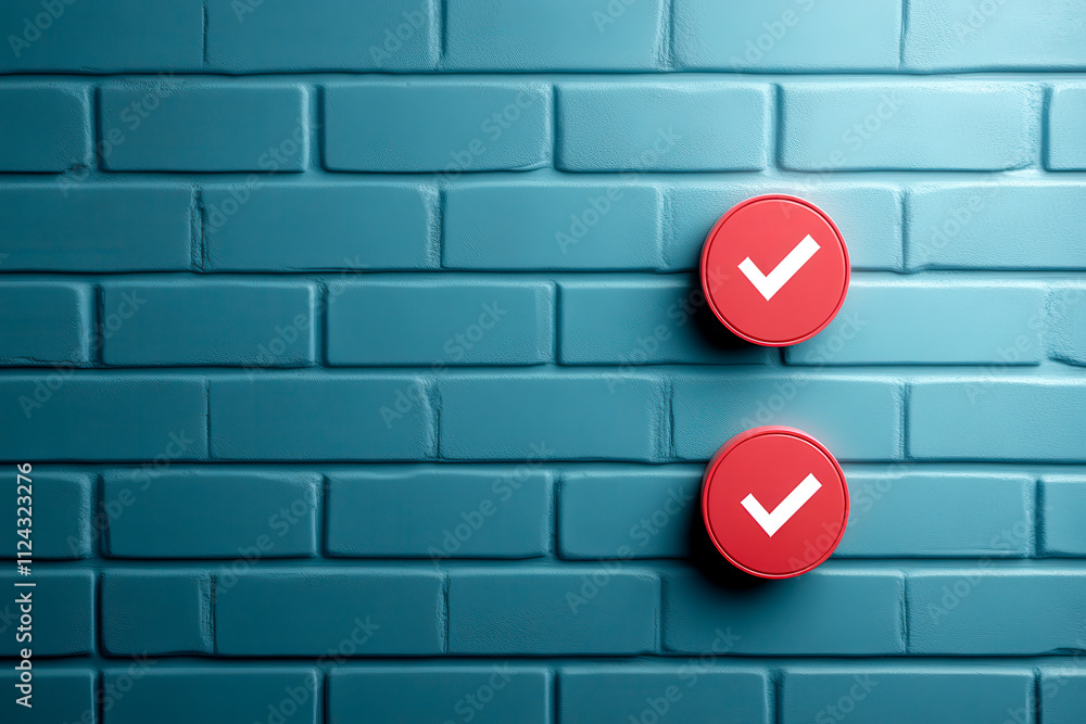 A modern turquoise brick wall with two red circular checkmarks, symbolizing approval or completion. A modern turquoise brick wall with two red circular checkmarks, symbolizing approval or completion.