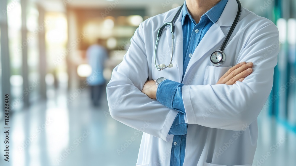 Closeup of a healthcare professional in scrubs with arms crossed and a stethoscope around their neck,Doctor against a blurred background of medical staff in a hospital,clinic setting,Healthcare. Closeup of a healthcare professional in scrubs with arms crossed and a stethoscope around their neck,Doctor against a blurred background of medical staff in a hospital,clinic setting,Healthcare.
