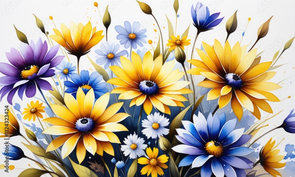 Obraz premium Colorful floral burst: vibrant yellow and blue flowers in bloom