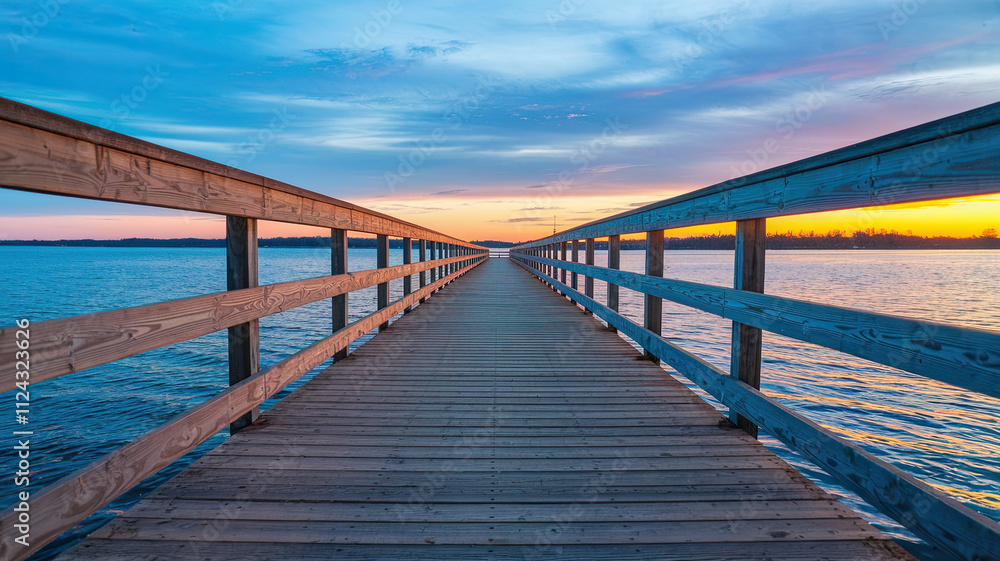 Serene Scene of Wooden Pier Extending Over Calm Waters at Sunset, Weathered Planks with Curved Design Leading to Horizon, Sky Reflecting on Water in Gradient Hues, Tranquil and Peaceful Ambiance Serene Scene of Wooden Pier Extending Over Calm Waters at Sunset, Weathered Planks with Curved Design Leading to Horizon, Sky Reflecting on Water in Gradient Hues, Tranquil and Peaceful Ambiance