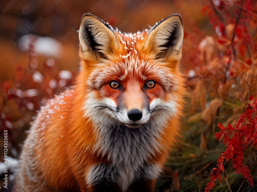 Red fox, Vulpes vulpes in autumn tundra close up detailed Red fox, Vulpes vulpes in autumn tundra close up detailed