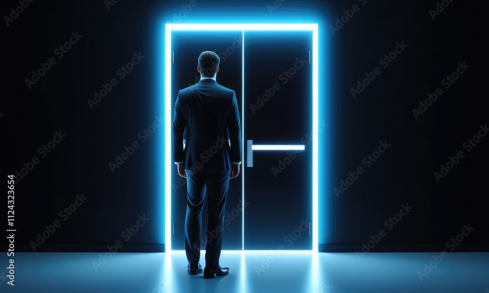 Businessman facing futuristic glowing doorway in dark room Businessman facing futuristic glowing doorway in dark room