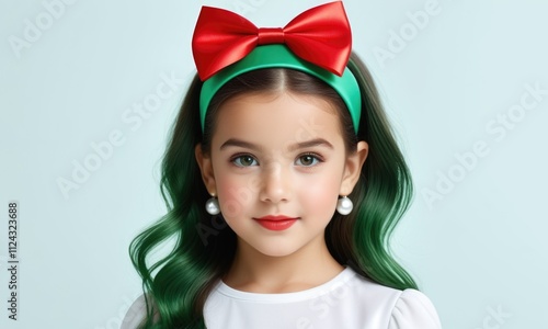 Young girl with green hair and red bow on light blue background