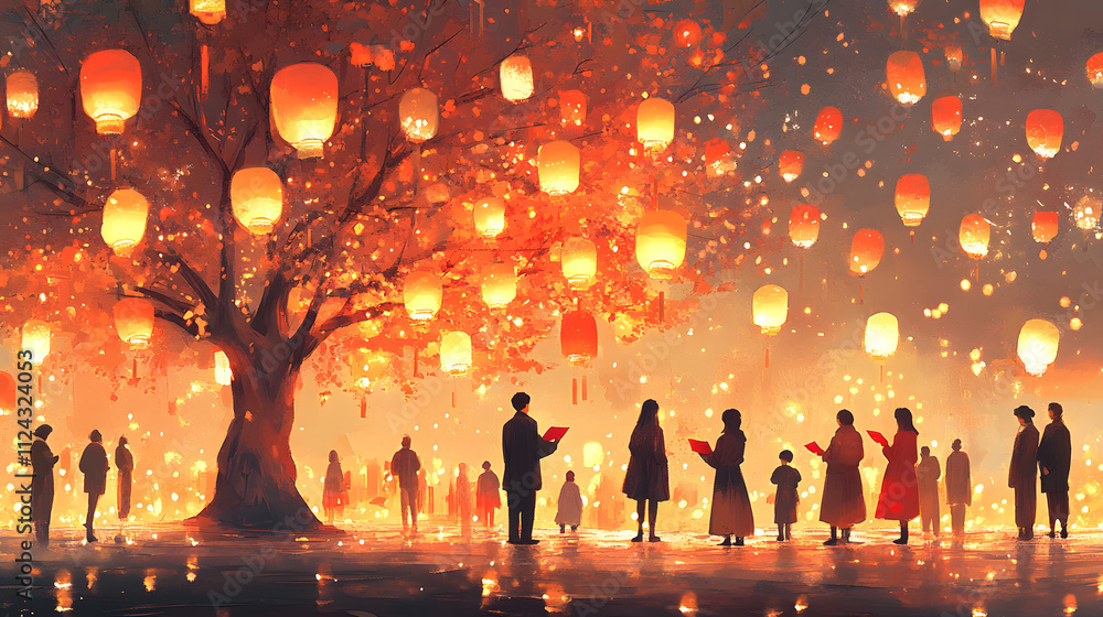 Fototapeta premium A heartwarming illustration of people writing their New Year's resolutions on red paper and hanging them on a wishing tree