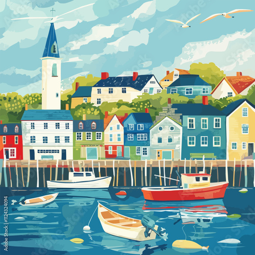 Design a charming seaside town with boats, docks, and coastal buildings, perfect for travel and maritime-themed projects, hand-drawn vector art.