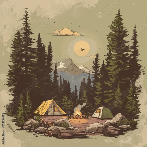 Design a detailed camping scene with tents, campfires, and outdoor activities, ideal for adventure and travel-related content, hand-drawn vector art.