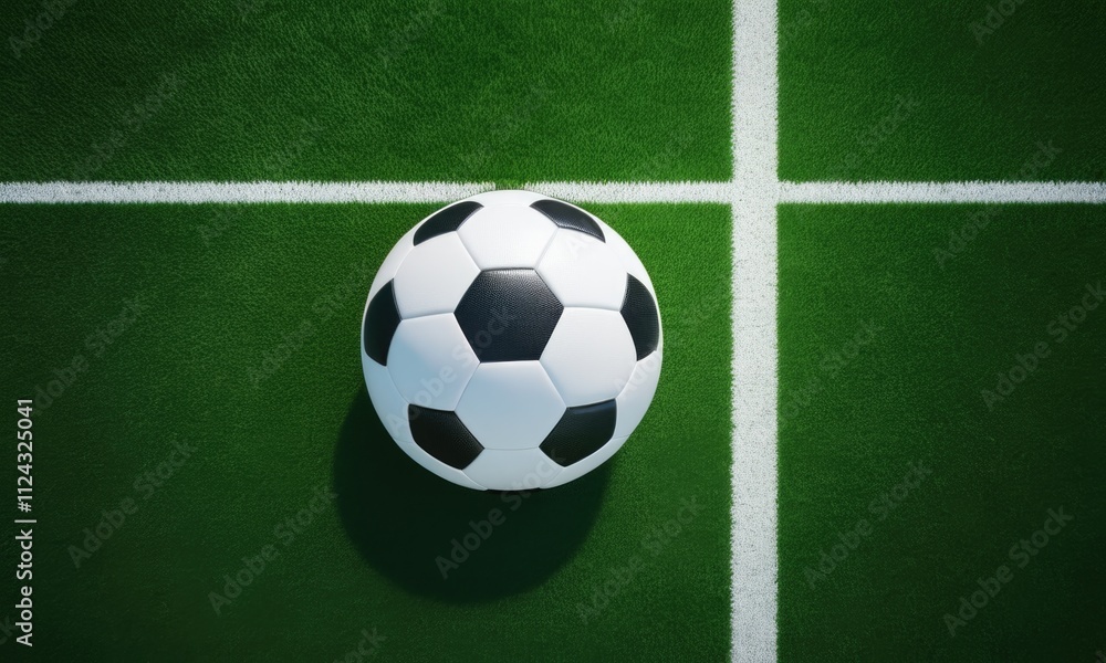 Soccer ball on green field with white lines in sunlight Soccer ball on green field with white lines in sunlight
