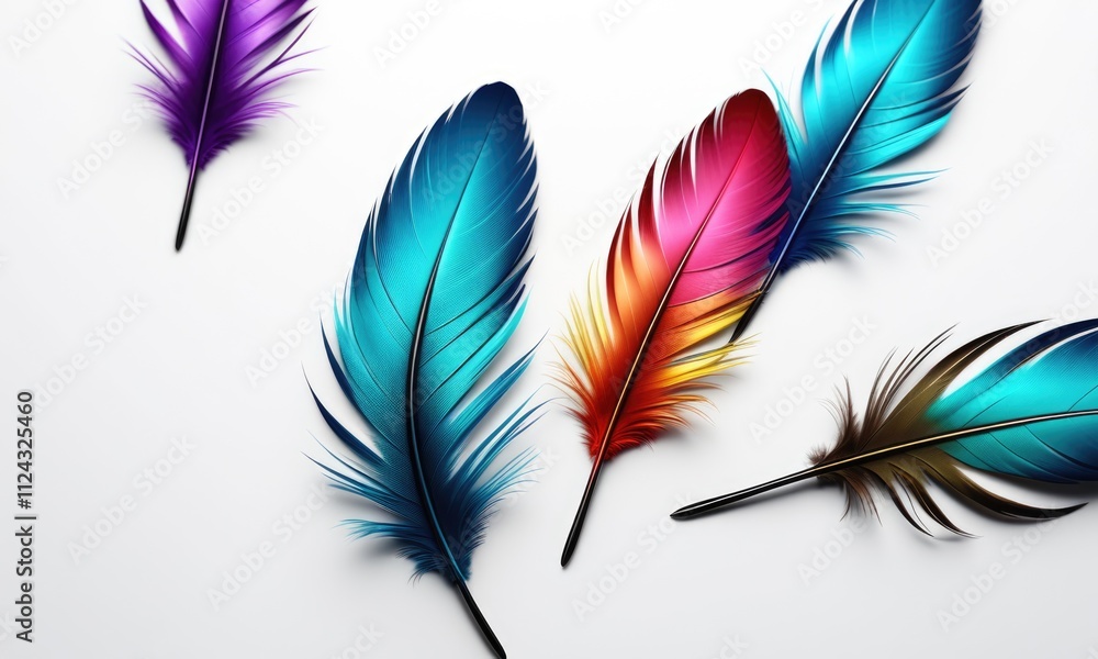 Obraz premium Vibrant feathers on white background: colorful beauty in nature's design