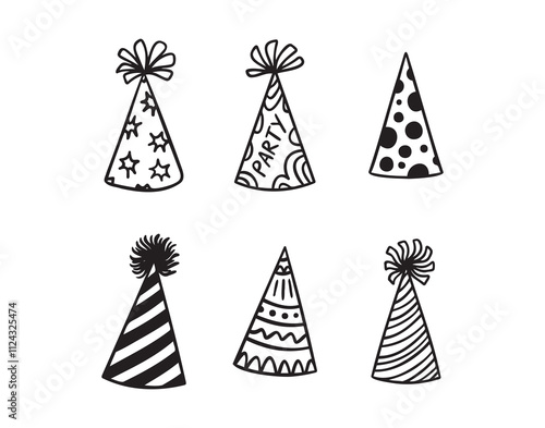 Festive party hats hand drawn doodle funny set. Party hats drawing outline elements set.