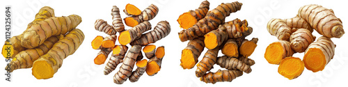 A Set of Golden Turmeric Roots for Spices, Culinary Use, and Wellness Applications Isolated on Transparent Background