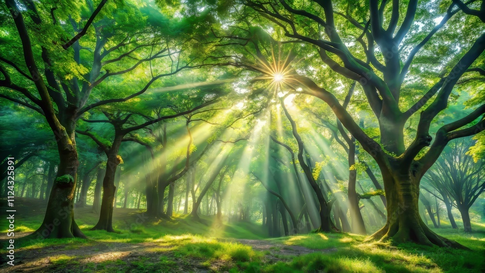Obraz premium Serene forest photography sunlight filtering through trees in a nature scene