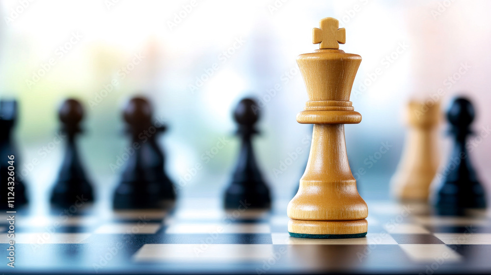 A close-up of a golden king chess piece stands out against a blurred background of black pawns, highlighting strategy and focus in a classic game. A close-up of a golden king chess piece stands out against a blurred background of black pawns, highlighting strategy and focus in a classic game.