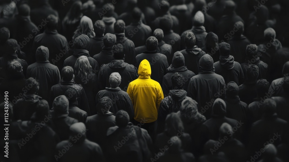 Obraz premium Yellow silhouette of couple standing in monochrome crowd of different people,surreal unique and different concept,loneliness in society,shadow,freedom,Love,be yourself,Stand out from the crowd.