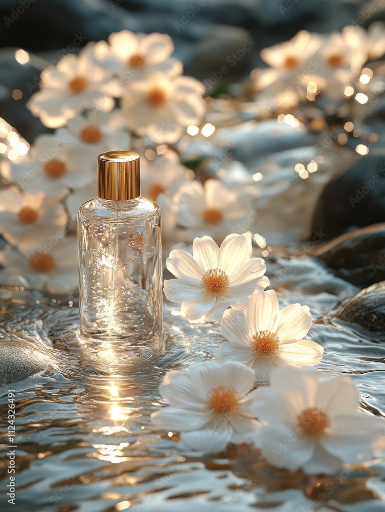 Clear bottle amid soft flowers with radiant sunlight Clear bottle amid soft flowers with radiant sunlight