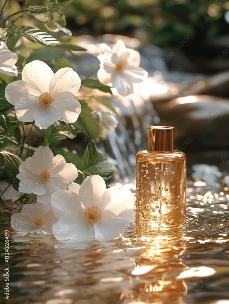 Golden bottle amidst cascading white floral display Golden bottle amidst cascading white floral display